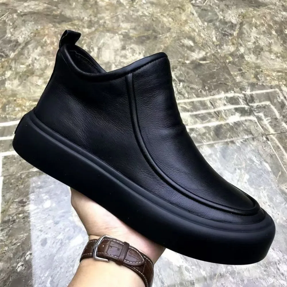 Boots for Men Genuine Leather Chelsea Boots Men Fleece Warm High Top Leather Shoes Trendy Versatile Cotton Boots Man Shoes