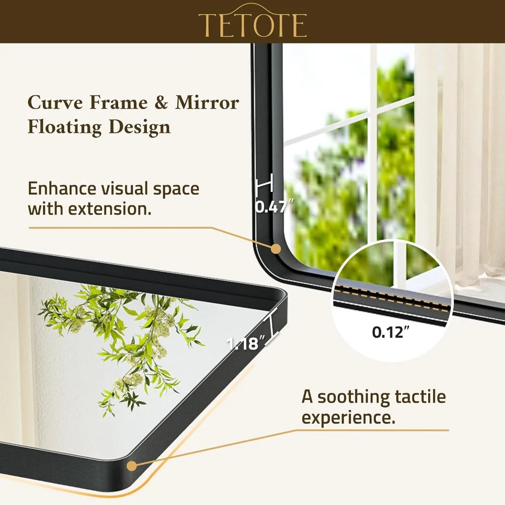 40x30 Matte Black Metal Framed Vanity Mirror, Tempered Glass, Wall Mounted