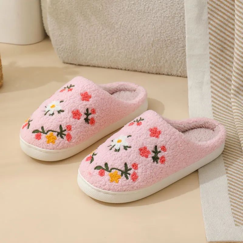 Warm Winter Beauty Fashion Girl's Slippers Embroidery Flower Pattern Casual Indoor Comfy Women's Bedroom Soft Plush Home Shoes