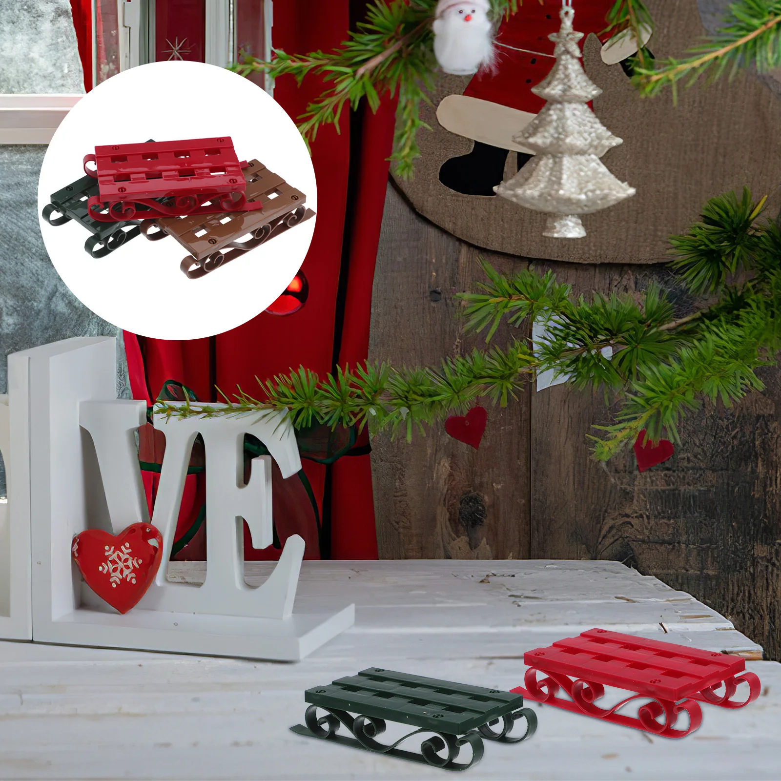 

6pcs Mini Christmas Sleigh Decorations Wooden Holiday Sled Figurines For Tabletop Home Desk Ornament Small Sleigh Craft