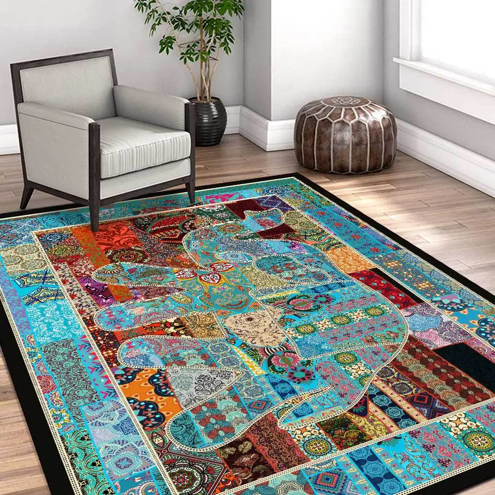 Indian Bohemian Carpets Ethnic Elephant Stitching Living Room Sofa Table Non-Slip Floor Mat Kitchen Bedroom Bedside Area Rugs
