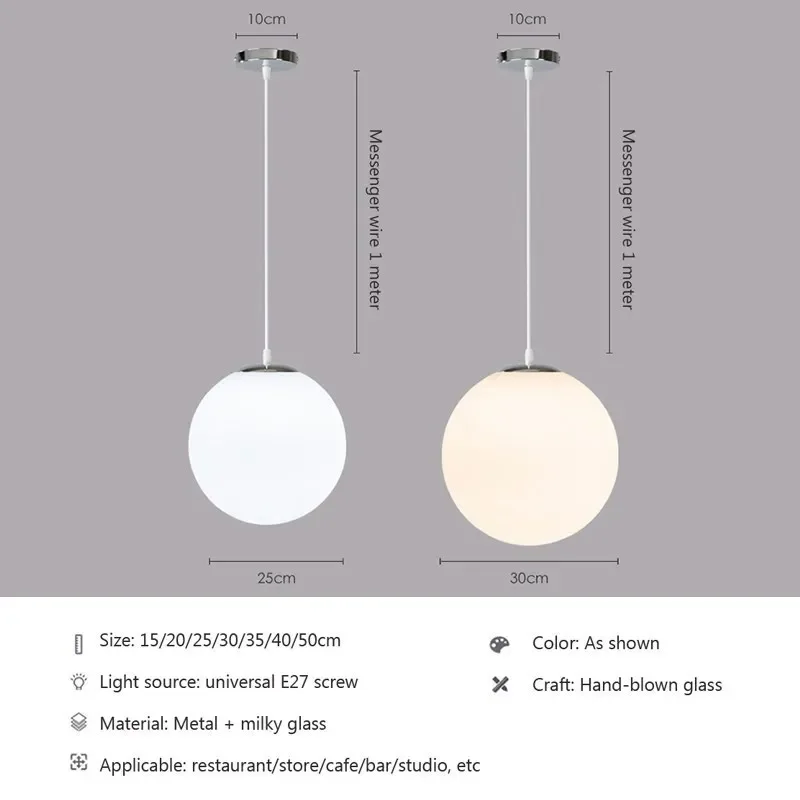 Home Decor Pendant Lights White Glass Ball Hanging Lamps Bar Dining Room Bedroom Clothing Store LED For Ceiling Chandeliers