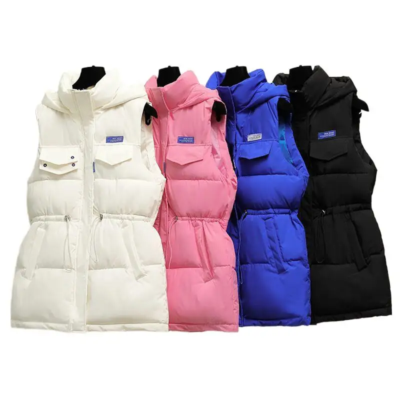 2024 New Brand Solid Color Versatile Casual Waist Drawstring Warm Down Cotton Vest Harajuku Streetwear Trend Sleeveless Jacket