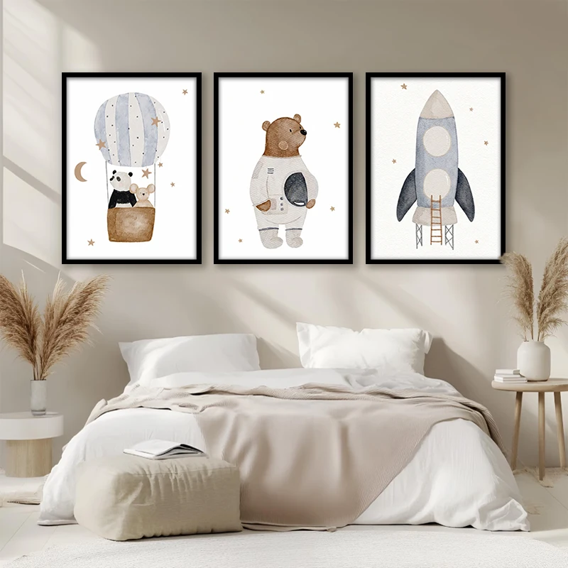 Neutral Watercolor Space Animal Canvas Wall Art Set Astronaut Bear Rocket Hot Air Balloon Panda Print Boy Nursery Playroom Decor view 2