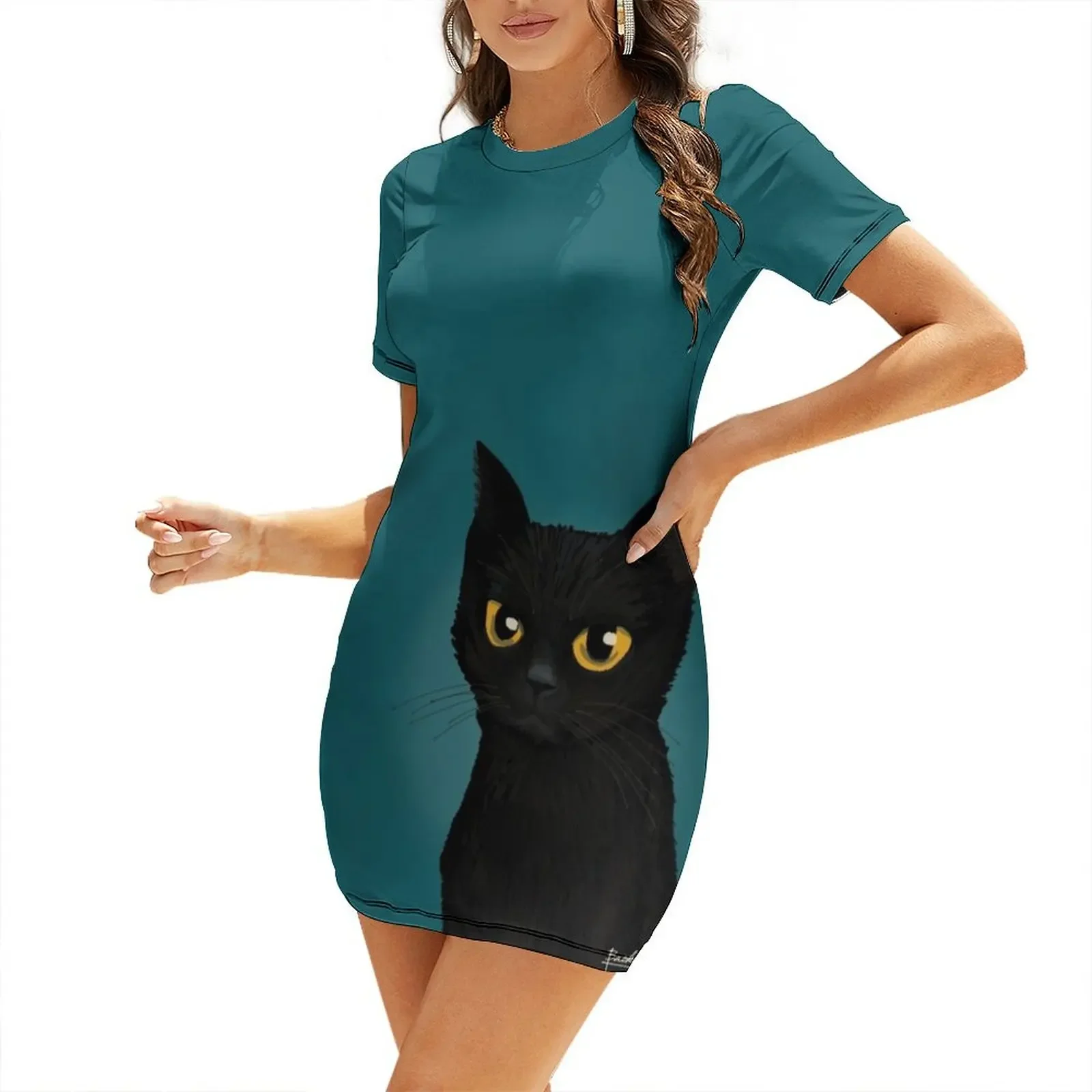 

Cat in the blue Short-Sleeved Dress chic and elegant woman dress evening dress woman for women summer