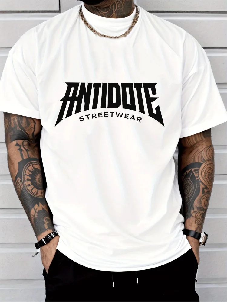 Mens Trendy Summer Crew Neck Tee Sharp Font Antidote Streetwear Text Graphic Soft Breathable Casual Short Sleeve Loose Fit Top