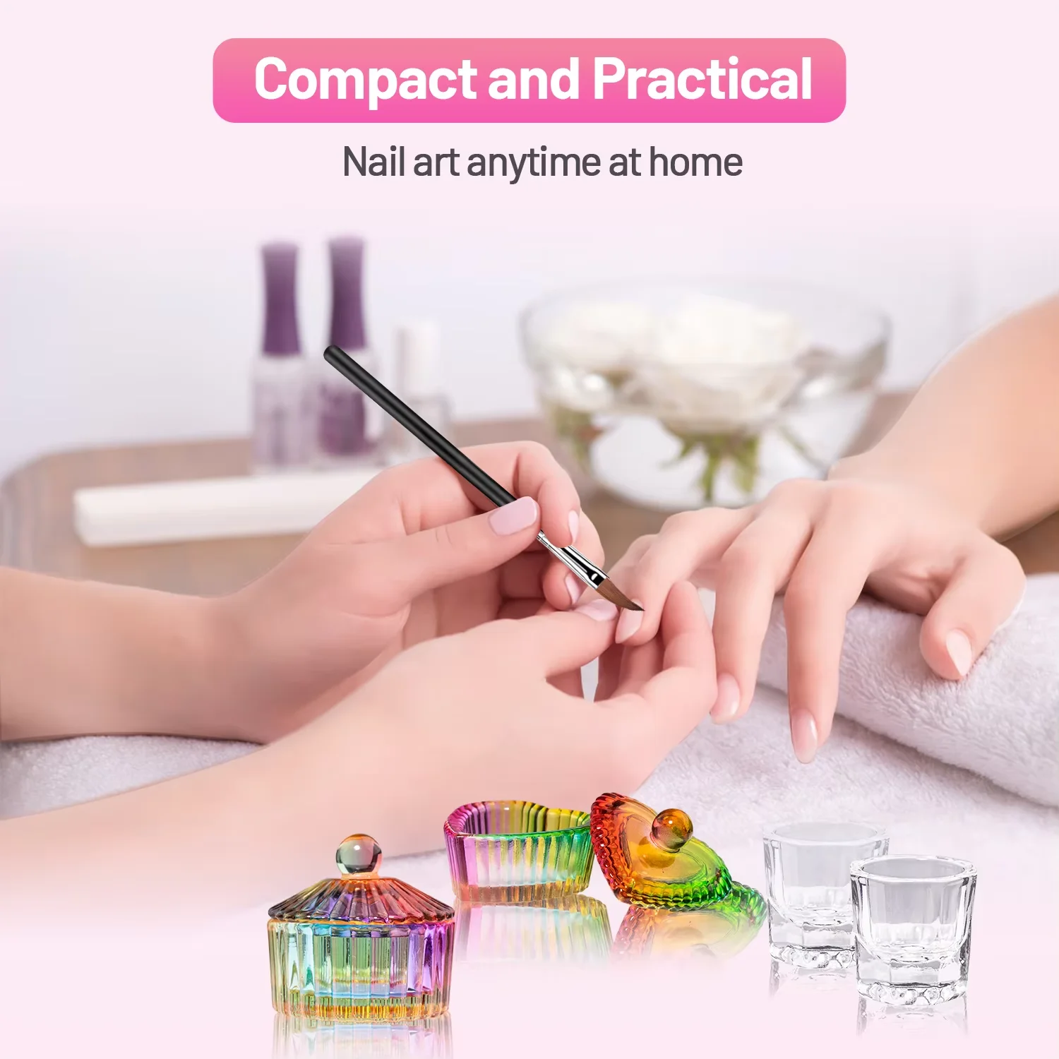 Set di tazze di cristallo colorate da 7 pezzi. Cristallo di vetro con coperchio, pennello per unghie per mescolare smalto acrilico e polvere