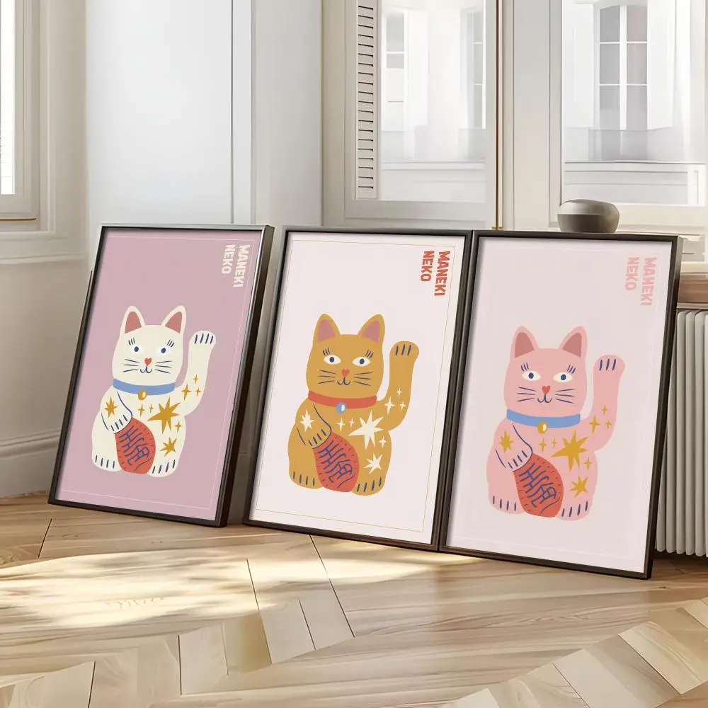 Lucky Cat Maneki Neko Retro Japanese Poster Woffity Simple Frameless Wall Sticker For Home Living Room Bathroom Decoration