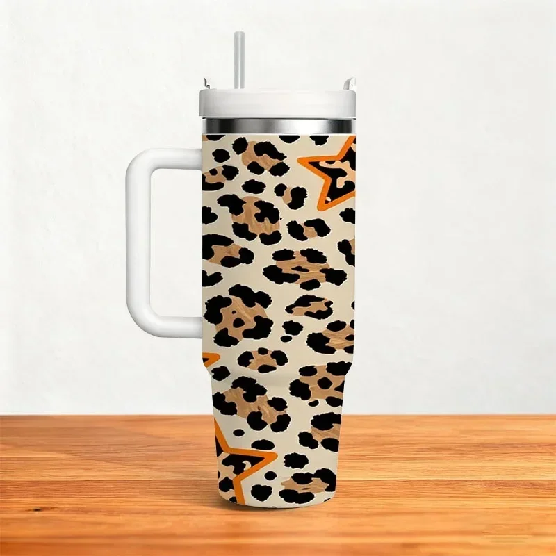 Playful Leopard Print Star Pattern 40Oz Stainless Steel Insulated Tumbler, Beige Base with Black Brown Spots And Orange Bordered Star Motifs, Digital Printed Beverage Holder for Daily Drinks, Road Trips And Office Use