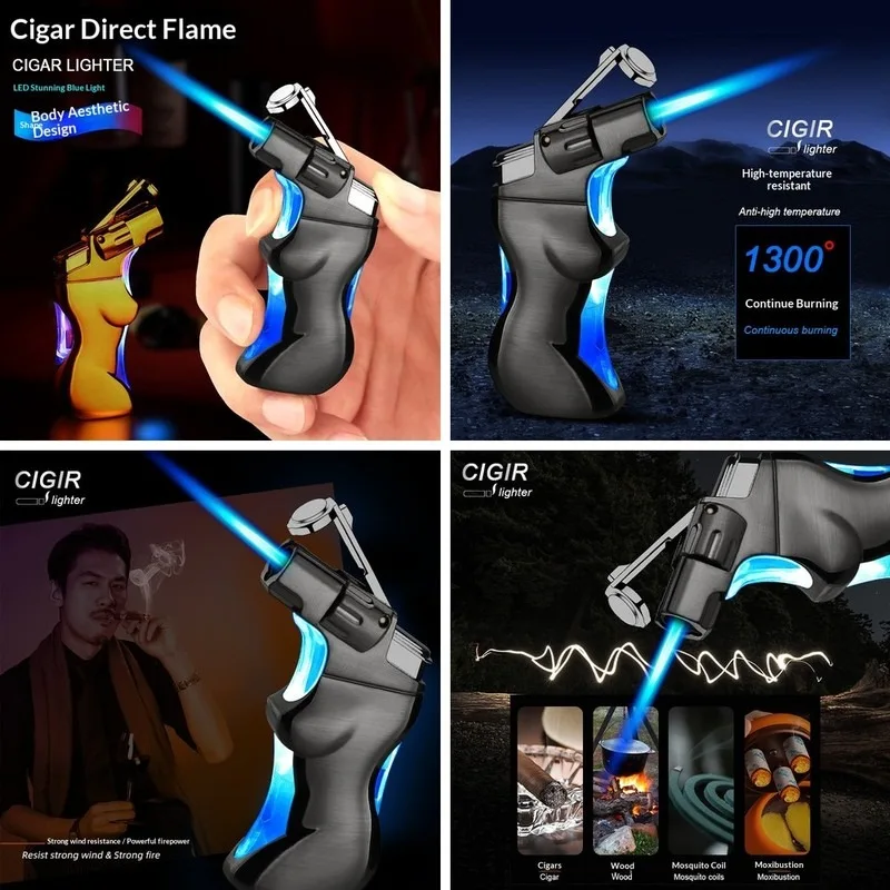 Retro Human Body Shape Metal Lighter Visible Fuel Tank Blue Flame Jet Windproof Refillable Creative Gift