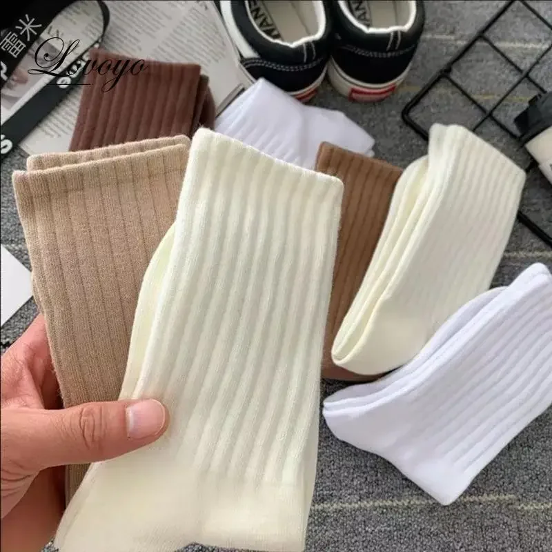 Korean Fashion Women Classic Solid Color Striped Cotton Loose Socks Japanese Style Simple Basic Socks Lady All Match Brown Sock