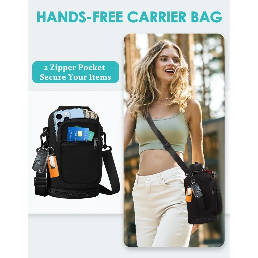 زجاجة مياه معزولة سعة 64 أونصة مع أغطية صنبور أوتوماتيكية من القش ومقبض باراكورد بنصف جالون وحزام زجاجة مياه وحامل أحذية واقية مع