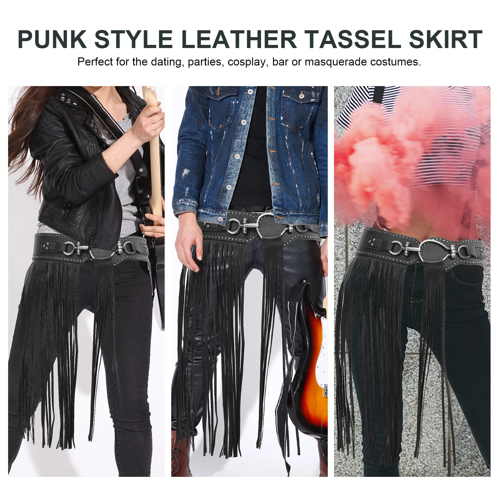 

Punk Style Skirt Black Tassel Wide Fringe Rivet Studded Belt Women Goth Punk Costumes Cosplay Dating Parties Accessories