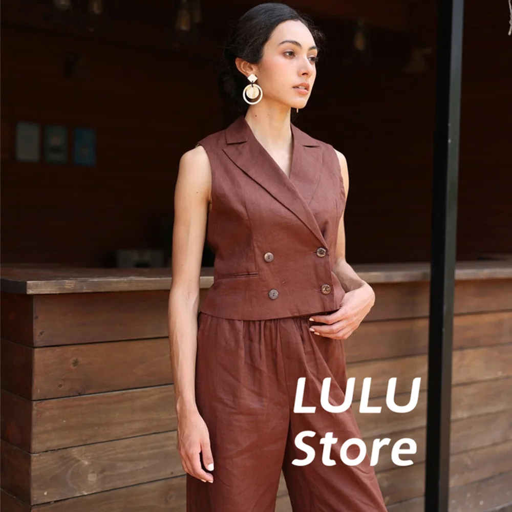 

Women's Set Linen Notched Lapel Double Brested Sleeveless Casual Waistcoat Party Dinner Jack & Pants костюм женский