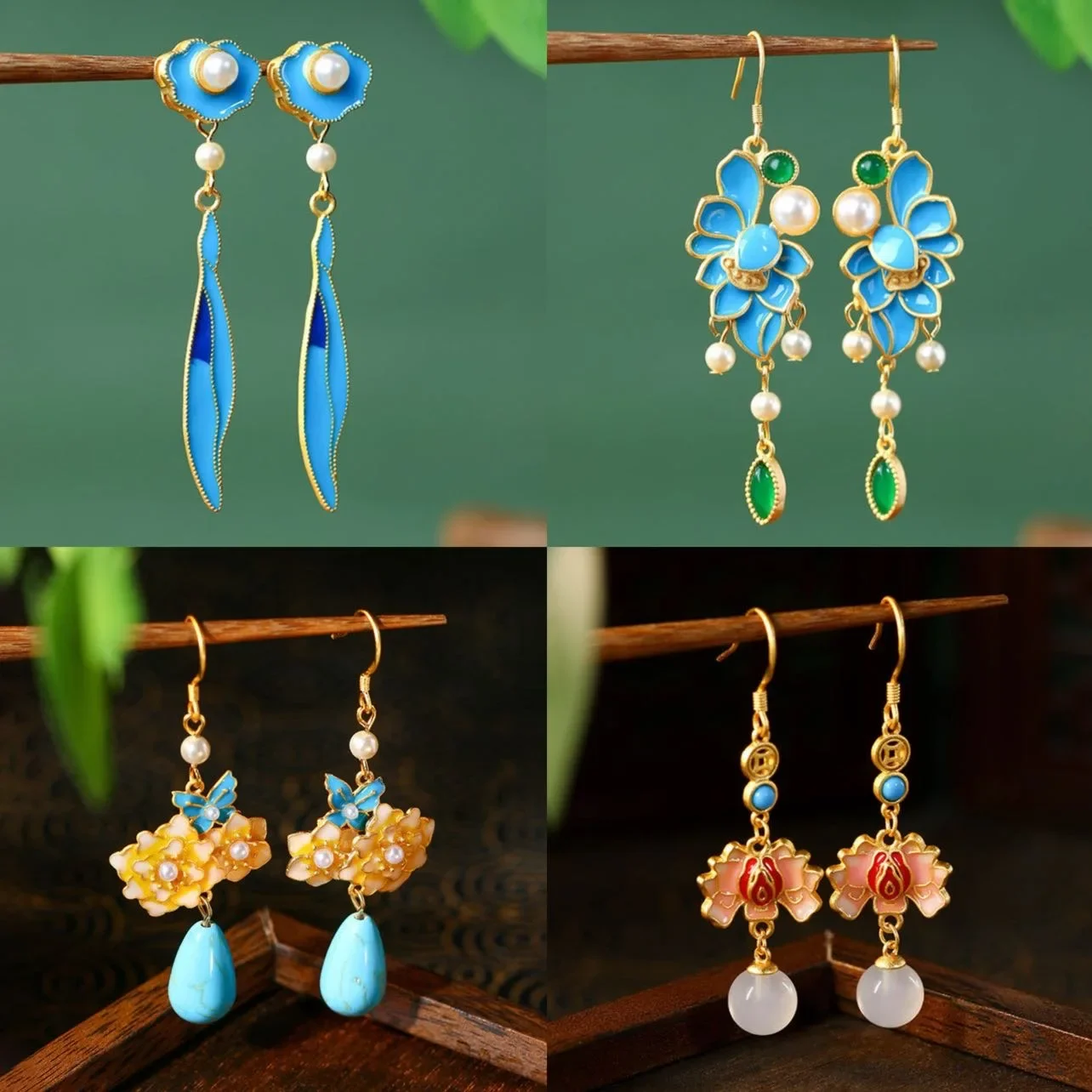 Ethnic Palace Style Flower Tassel Earrings for Women Hand-carved Peacock Blue Gold Color Inlay Gemstone Luxury Banquet Jewelry