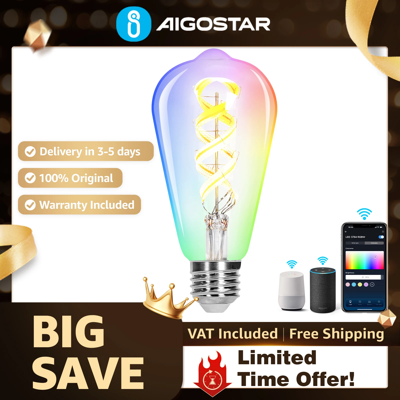 Aigostar Bombilla Inteligente E27 RGBW ST64 Vintage | 4.9W 420LM, Luz Cálida 2700K + RGB Regulable | WiFi, Compatible con Alexa y Google Home