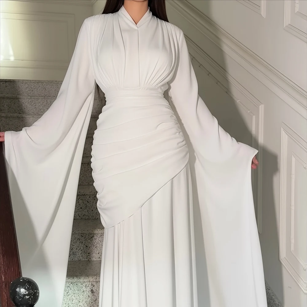 Personalizado a linha vestidos de noite até o chão gola alta manga cheia vestido de baile simples moda plissado drapeado vestido de festa casual