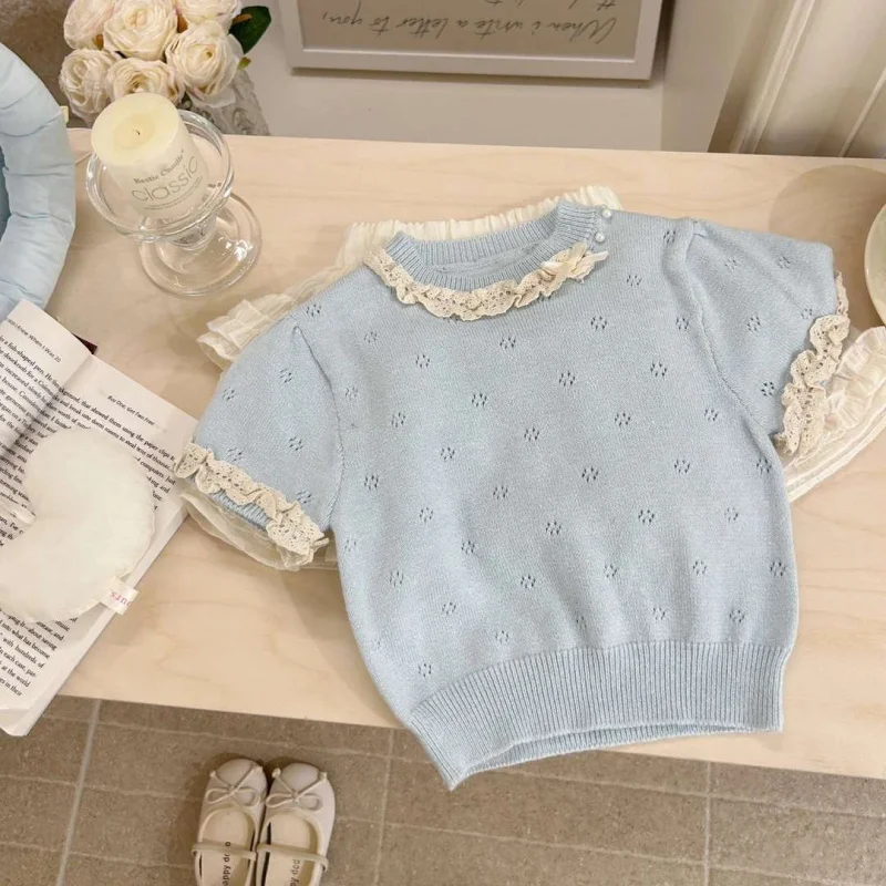 

Girls Suit2025Summer Knit Short SleeveTLace Baby Girl Cake Skirt Two-Piece Set Trendy