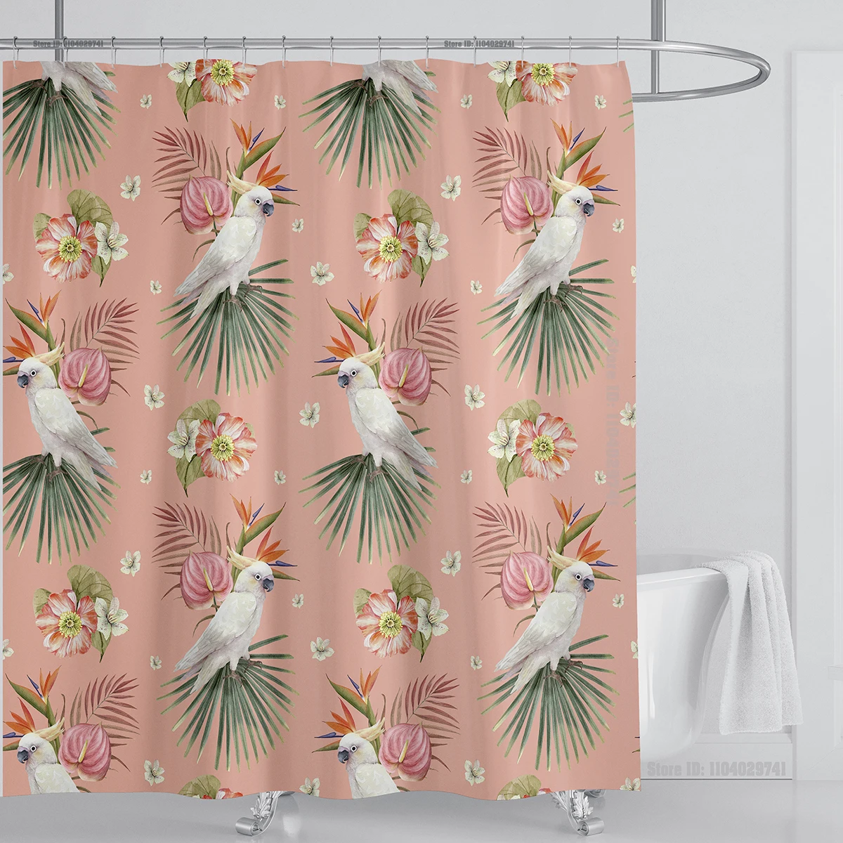 Bohemian Shower Curtain Tropical Jungle Wildlife Bathroom Set Modern Pink Aesthetic Parrot Floral Bathroom Curtain With Hooks