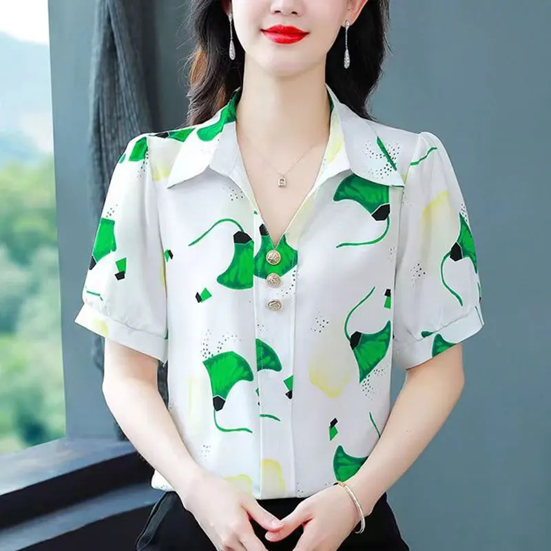 Women Summer New Style Fashion Printing V-neck Short Sleeve Chiffon Shirt Women Clothes Casual Simplicity Temperament Thin Tops