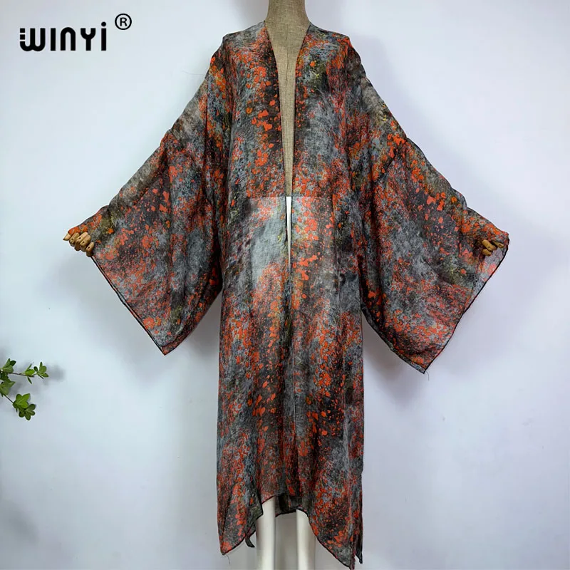 WINYI-kimono con estampado abstracto para playa, vestido maxi de algodón de manga larga con perspectiva de encubrimiento de Bikini, cárdigan Sexy para vacaciones, Verano