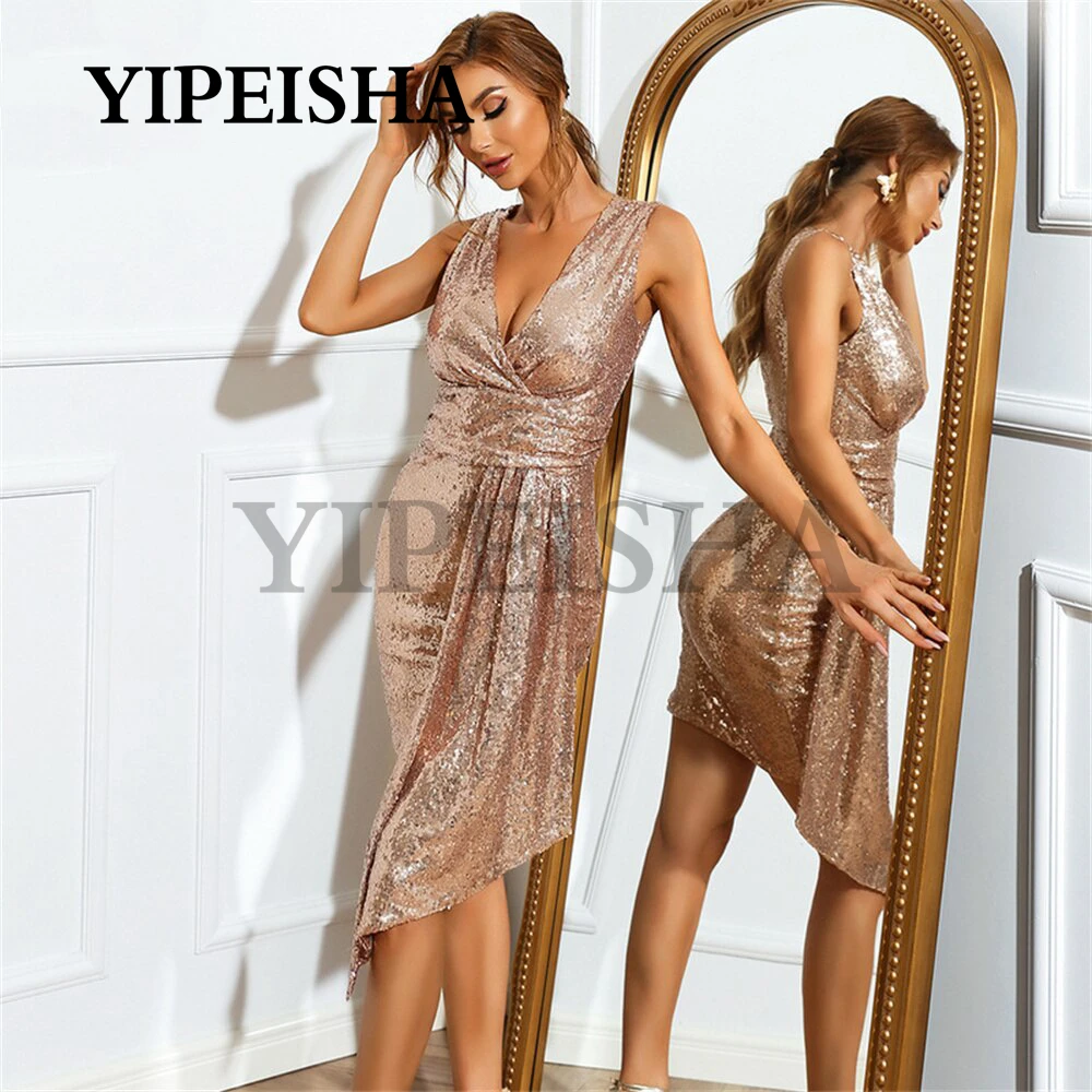 

Glittery V-Neck robes de soirée Sleeveless Short Evening Sequined Simple Party Gown vestidos fiesta