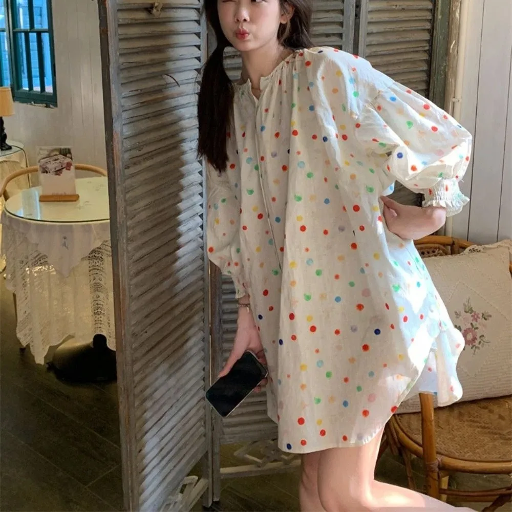 

Милая красочная блузка в горошек в стиле ретро, свободная рубашка с длинными рукавами, весна-осень, тонкая рубашка на пуговицах, женская весна-осень