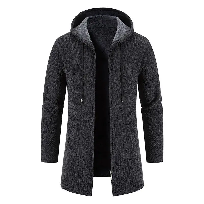 Men's Hooded Sweatirt mid to Long Size plus Sweater Knitted Cardigan Casual Long Sve round Ne Deformable