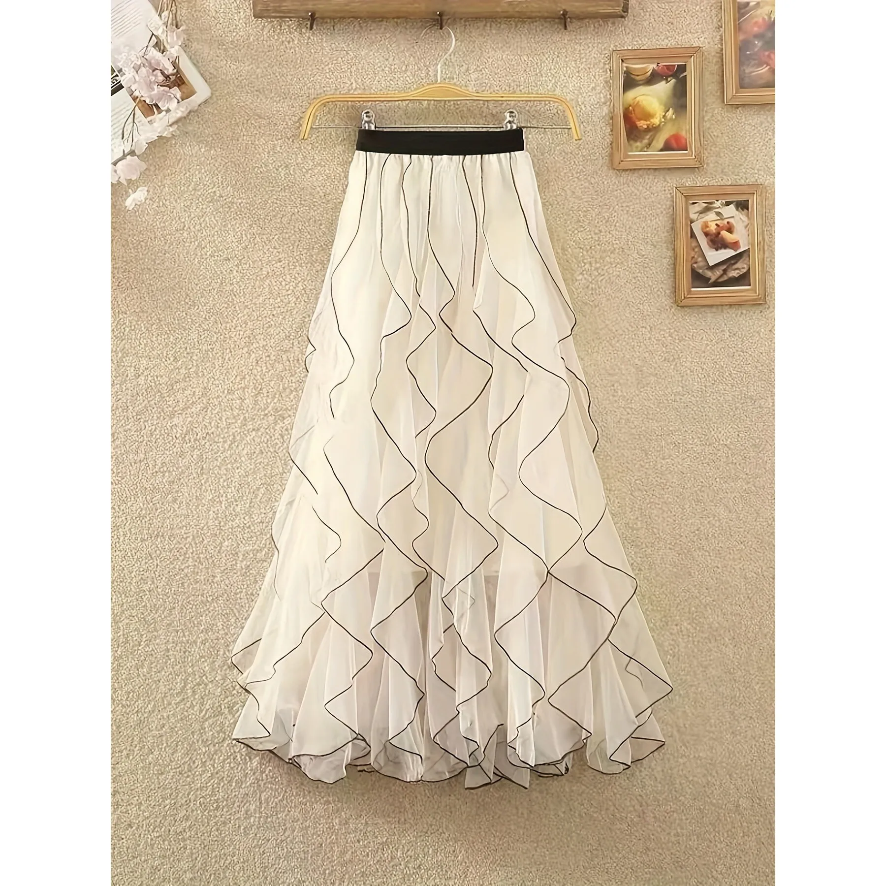 

Wavy Mesh Midi Skirt Women's Half-length Net Gown Wave Pattern Skirts Spring Season Neutral Design Special Fabric Material