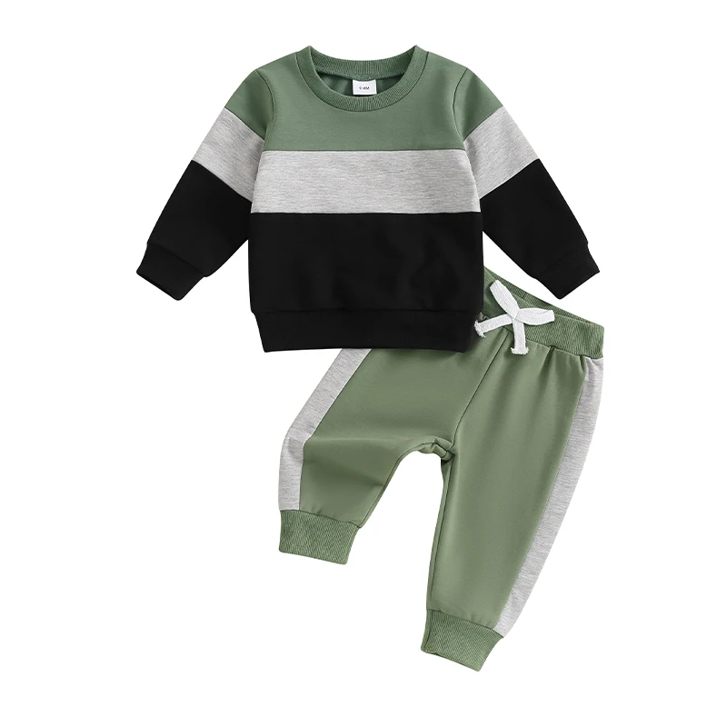 Toddler Boy Pants Set Long Sleeve Round Neck Sweatshirt Drawstring Long Pants Contrast Color Outfits