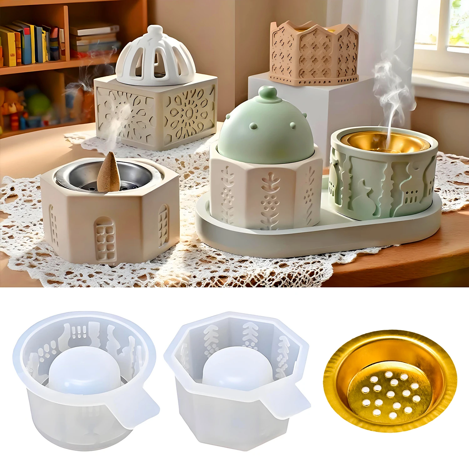 S0223 soporte de incienso con forma arquitectónica árabe, molde de resina de silicona para almacenamiento, quemador de incienso redondo DIY, molde para gesso artesanal