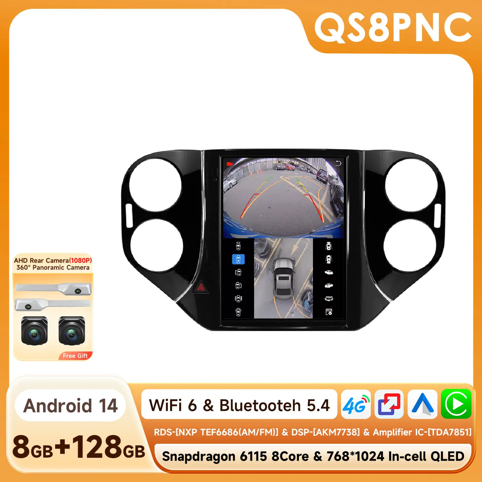 Hizpo Android 14 autoradio voor Volkswagen Tiguan 1NF 2007-2016, 9.7 inch, met Carplay, 4G, multimedia videospeler, GPS, RDS, DSP en 360 camera.