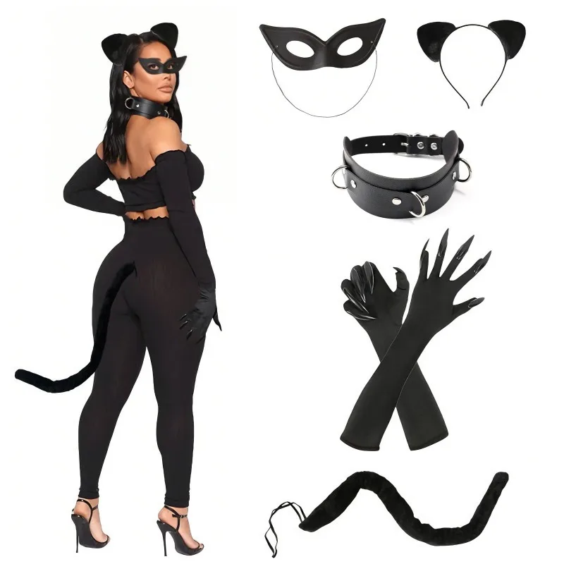 5pcs Halloween Party Sexy Cat Women Costume Cat Ears and Tail Set Cosplay Makeup Party Outfit Accessories