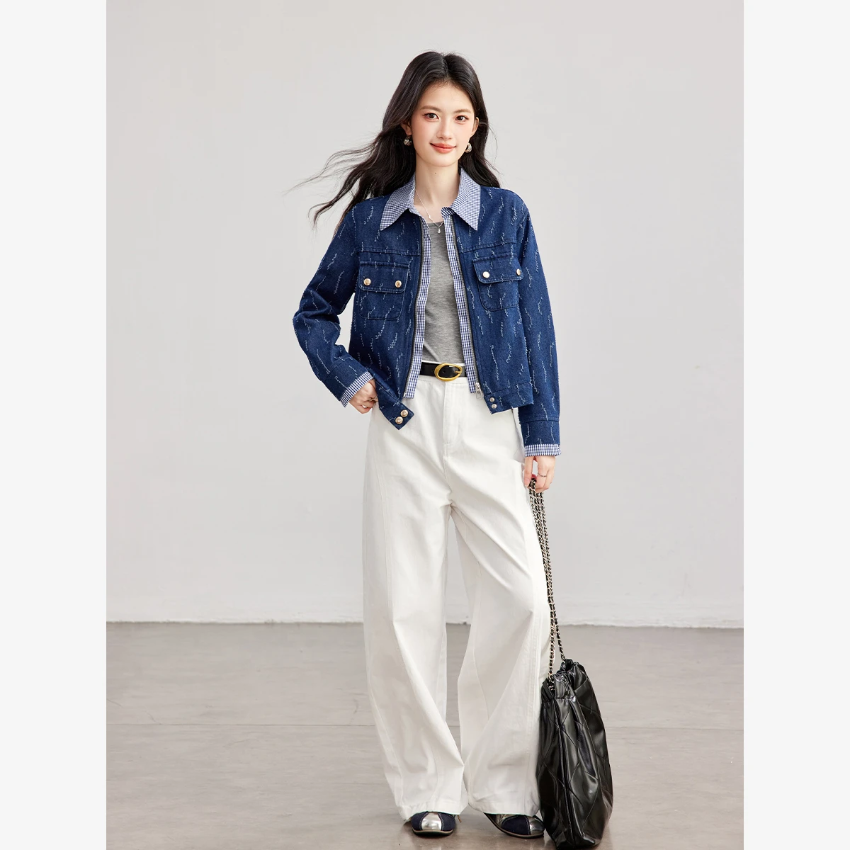 VIMLY Denim Short Jacket for Women 2026 Autumn Fashion Minimalist Fake Two-piece Plaid Jacquard Coat Korean Style Outwear 31660