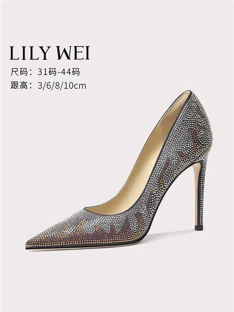 حذاء نسائي بكعب عالٍ ربيعي جديد بمقدمة مدببة وكتلة ألوان من حجر الراين مقاس كبير وتفاصيل ماسية للولائم