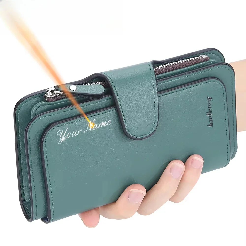 Individuell gravierte lange Damenbrieftasche – personalisierter Name/Text/Logo mit 15 Kartenfächern und Reißverschluss – klassisches Geldbörsen-Geschenk für Sie