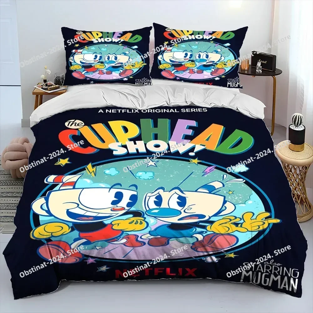 Cuphead and Mugman,Game Gamer Comforter Bedding Set,Duvet Cover Bed Set Quilt Cover Pillowcase,King Queen Size Bedding Set kids