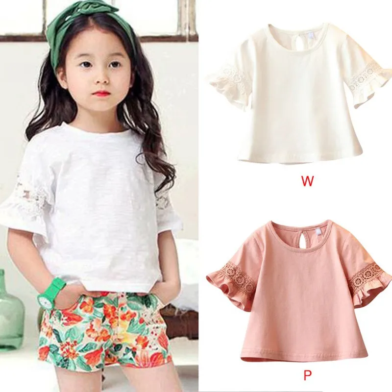 

Summer Baby Girls T-Shirts Flare Sleeve Solid Print Lace Tops Kids Tops Casual Blouse
