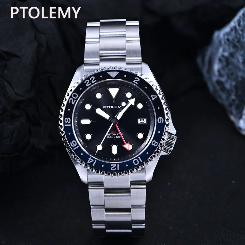 PTOLEMY GMT Men's Diver Watch Aluminum Bidirectional Bezel 200M Waterproof Sapphire Mirror NH34 Automatic Mechanical Wrist watch