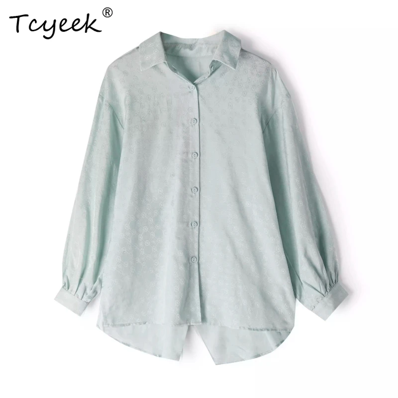 

Tcyeek 50% Mulberry Silk 50% Flax Spring Summer Lapel Shirt Long Sleeved Solid Color Women's Shirts Женская Одежда חולצותנשים