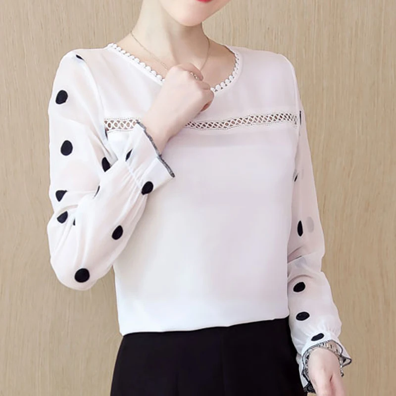 Women\'s Long Sleeve Chiffon Blouse, Hollow Out Tops, O-Neck, Black Dot, White, Sweet Clothing, Fashion, 2024 New, D383