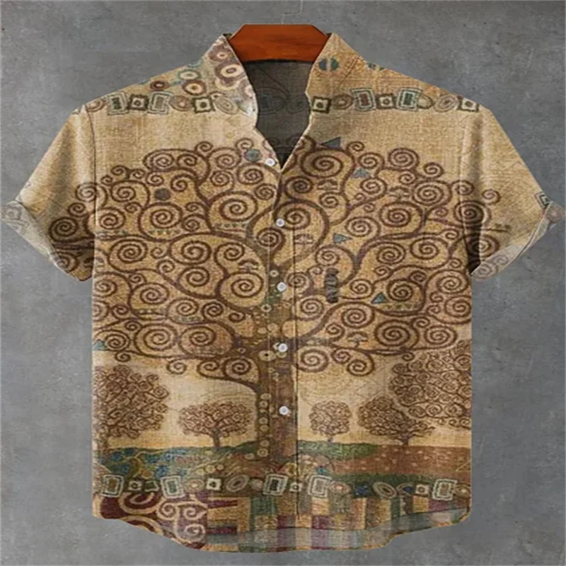 New Men's Forest Art Print Linen Comfortable Breathable Fabric Short Sleeve Shirt for Art Lovers Clothing