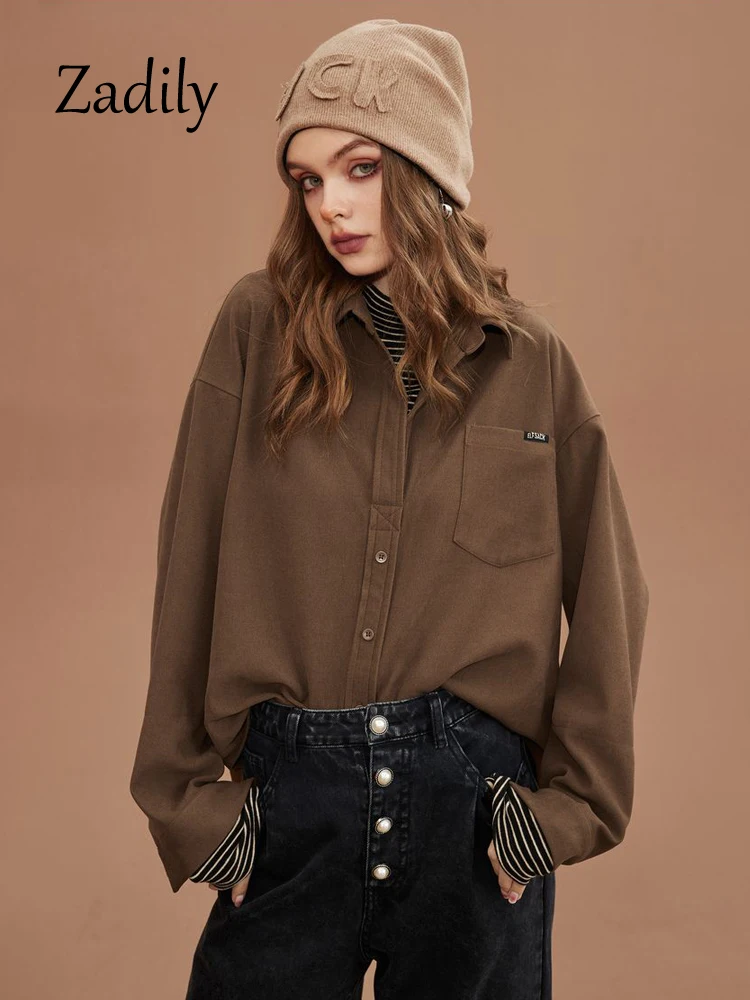 Zadily 2023 Winter Casual Long Sleeve Corduroy Women Fake Two Shirt Turn Down Collar Button Up Thick Ladies Shirts Autumn Blouse