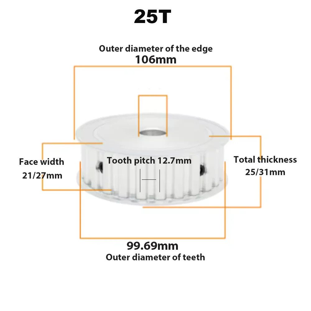 Alloy Pulley H-25T 26T 28T 30T 40T Bore 8-30mm Trapezoidal Teeth Pitch 12.7mm Synchronous Pulley For H-Rubber Belt Width 20/25m