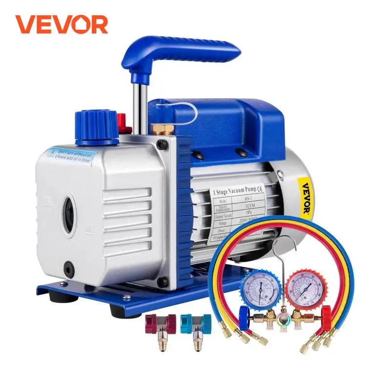 VEVOR 3CFM 84 L/M 1-Stage Refrigerant Vacuum Pump Refrigeration Gauges A/C Air Conditioning 1440 RPM 1/4 HP 3 pcs hoses 800 PSI