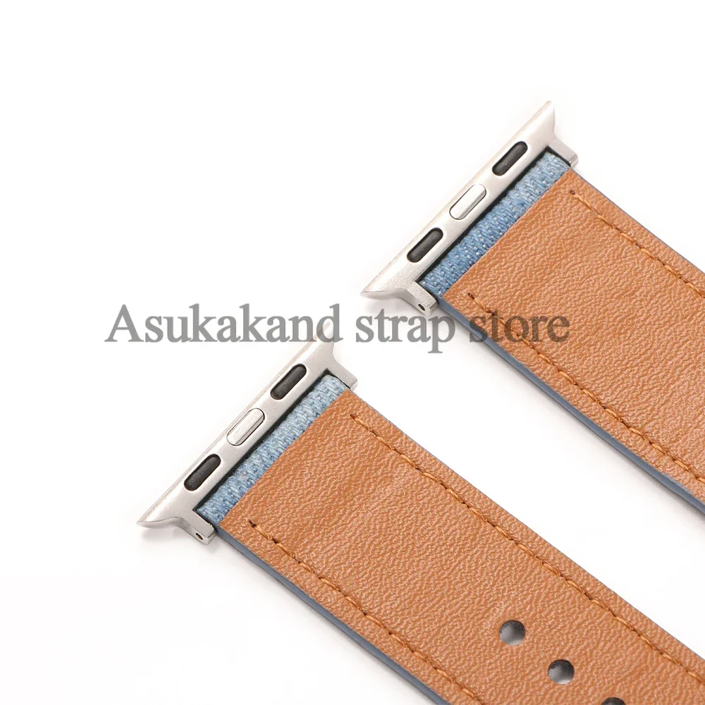 Blue Cowboy Material Canvas Cowhide Men Women Strap for Apple Watch7 8 Band  for Iwatch Series 10 9 Band 42 44mm 45mm 46mm 49mm