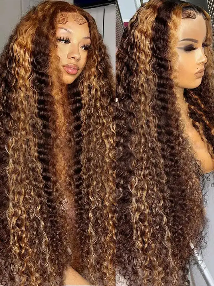 34 Inch 13x4 13x6 Water Deep Wave Hd Lace Frontal Wig Highlight Honey Brown Ombre Curly Lace Front Human Hair Wigs For Women