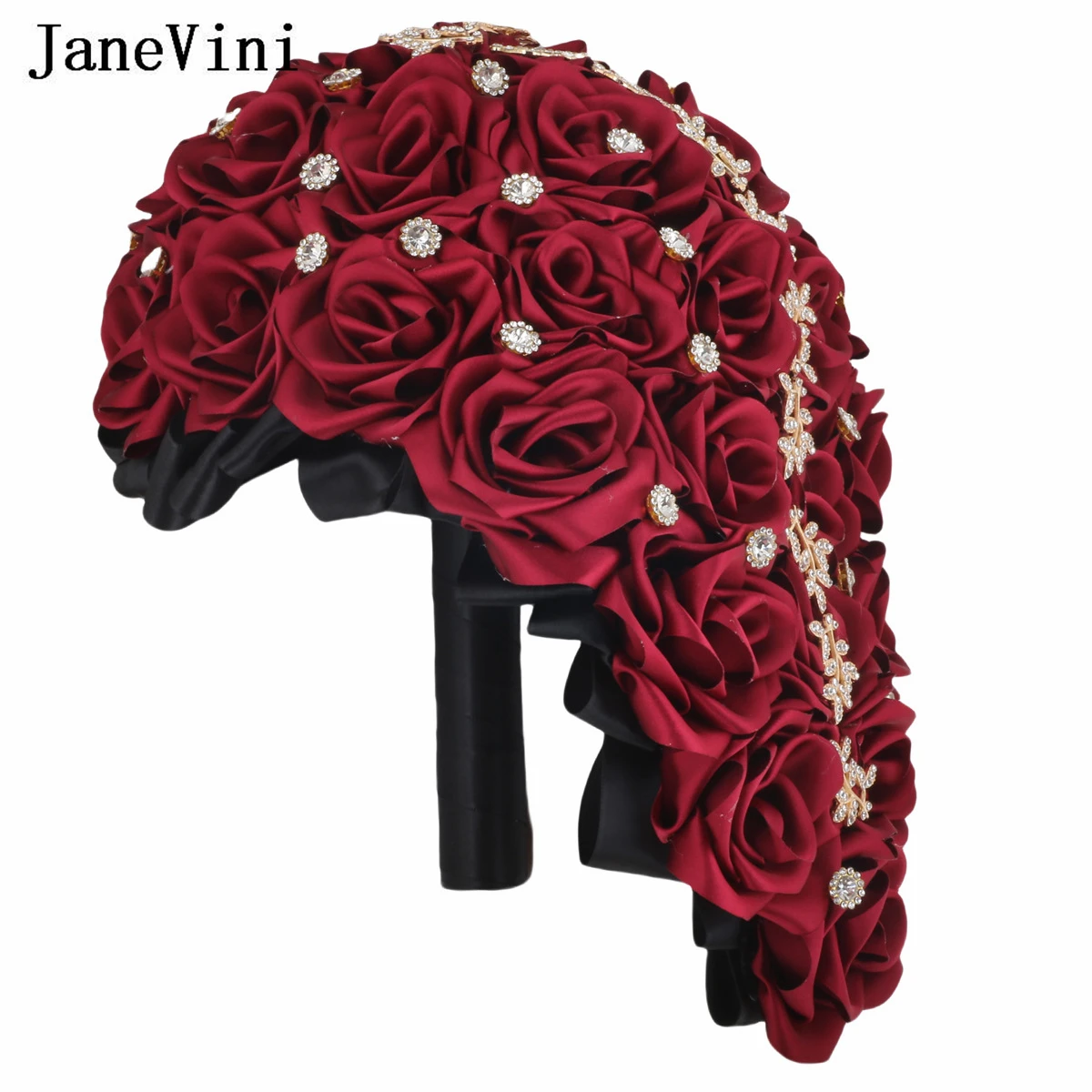 JaneVini Burgundy Dark Red Waterfall Bridal Bouquet for Wedding Crystal Beaded Roses Cascading Bride Bouquet Boutenniers Wedding