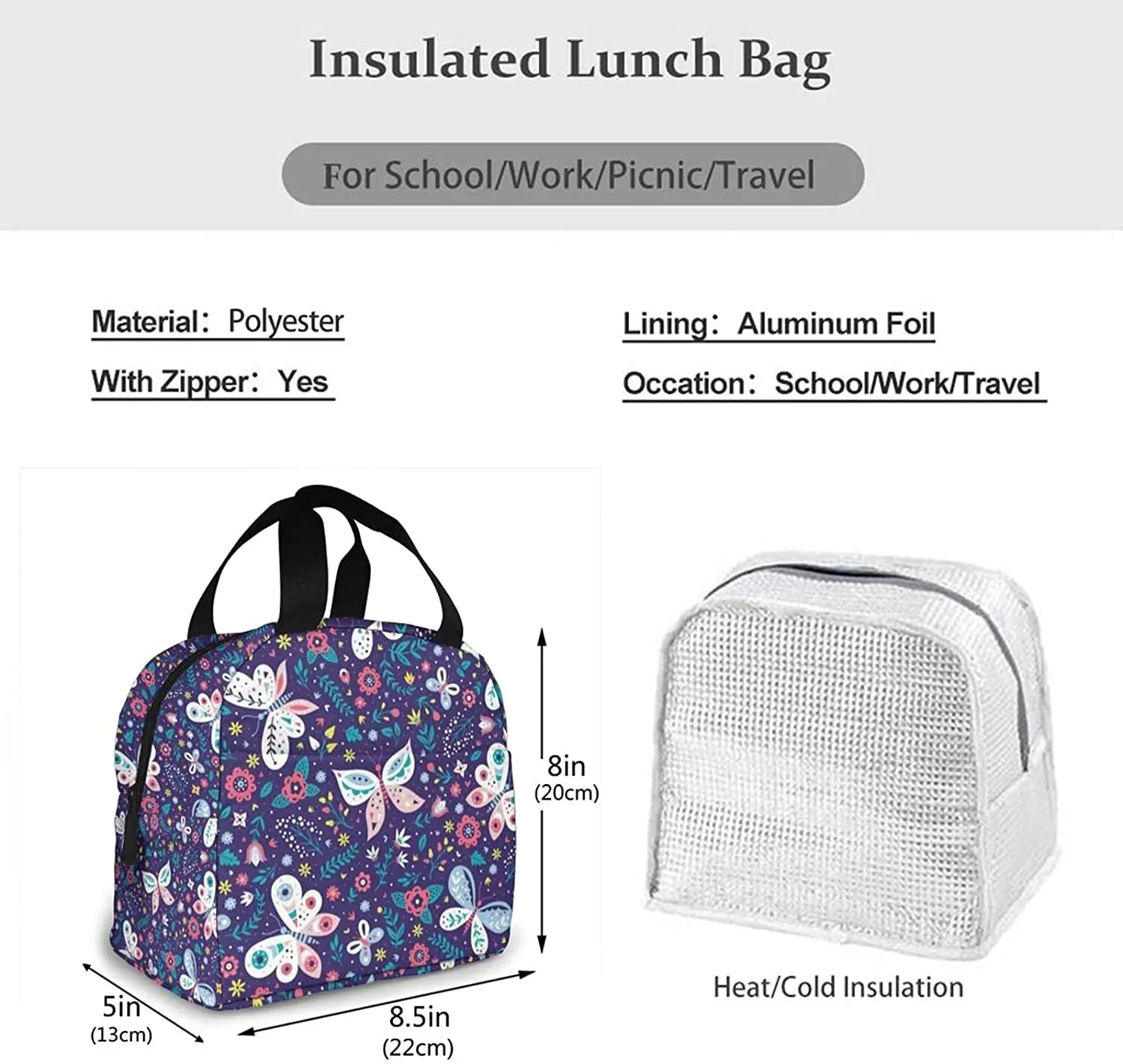 Purple Butterfly Lunch Bag Women Girls Small Insulated Reusable Cooler Tote Bento Box Backpack Portable Leak Proof Lunch Bags