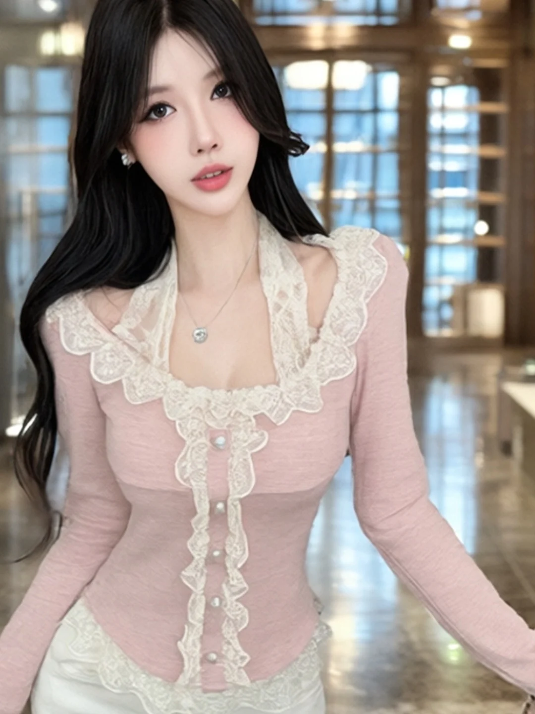 

Sweet Cool Lace Trim Long Sleeve Slim Fit Base Shirt Versatile Personality Teenage Girl Knitted Polyester Fiber Autumn Top